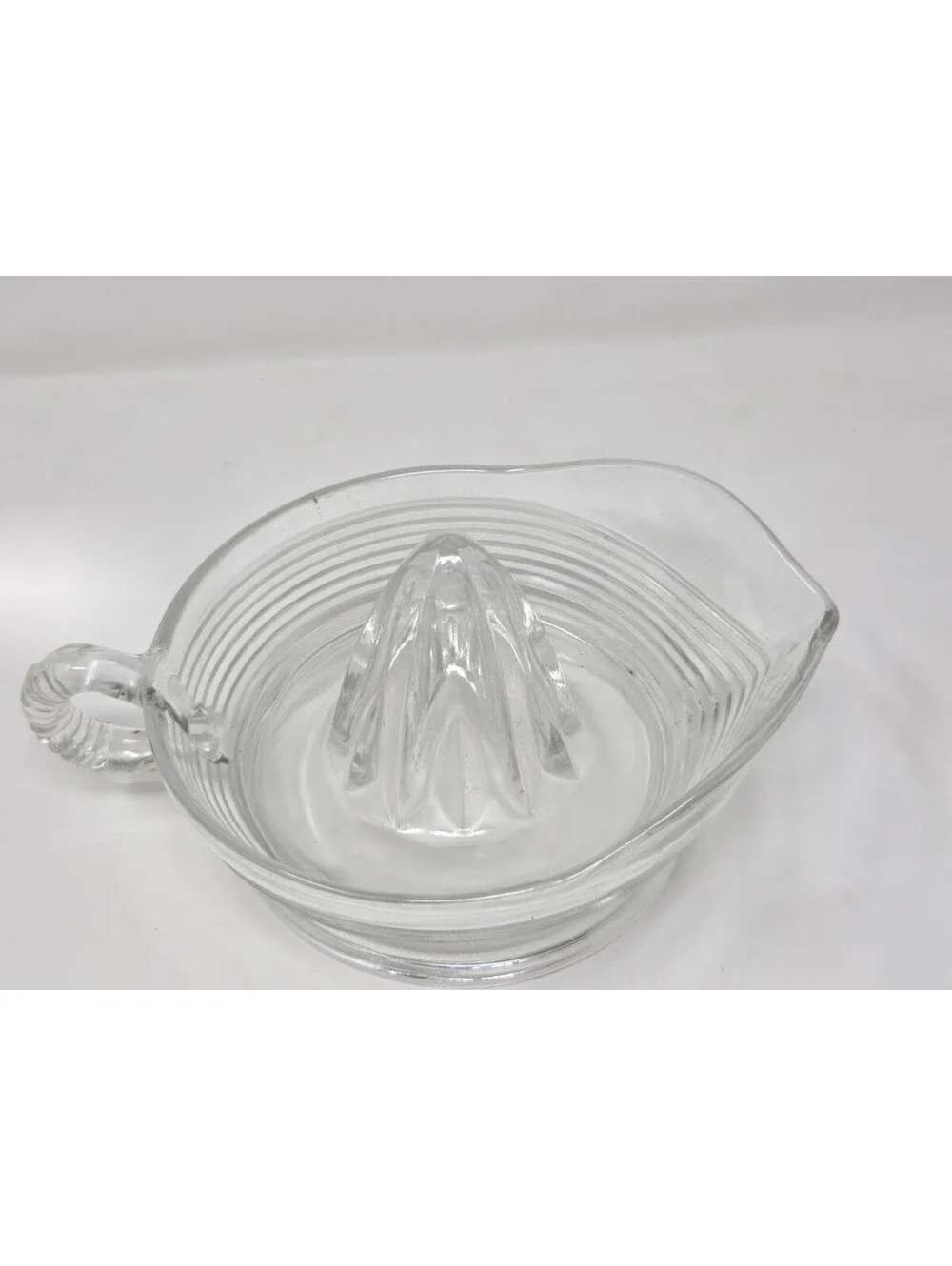 Vintage Clear Glass Citrus Juicer Reamer With Ribbed Design & Ring Handle